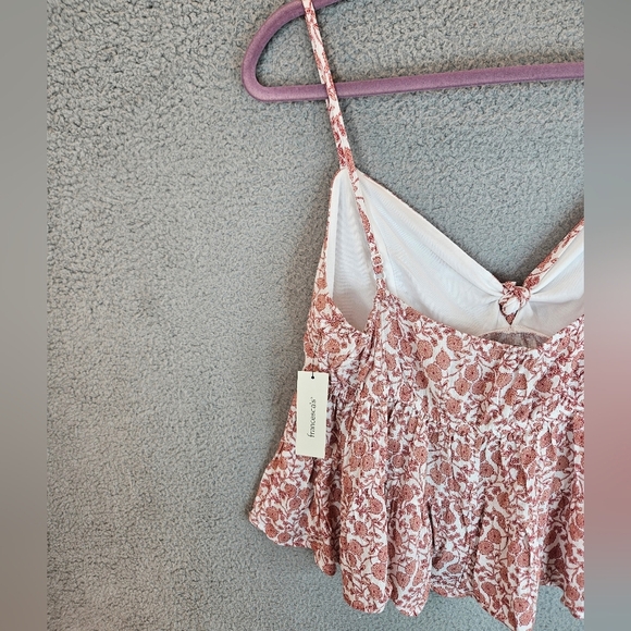 Francesca's X Blue Rain Rust Beige Floral Cropped Baby Doll Top Sz L Adj Straps - Picture 8 of 11